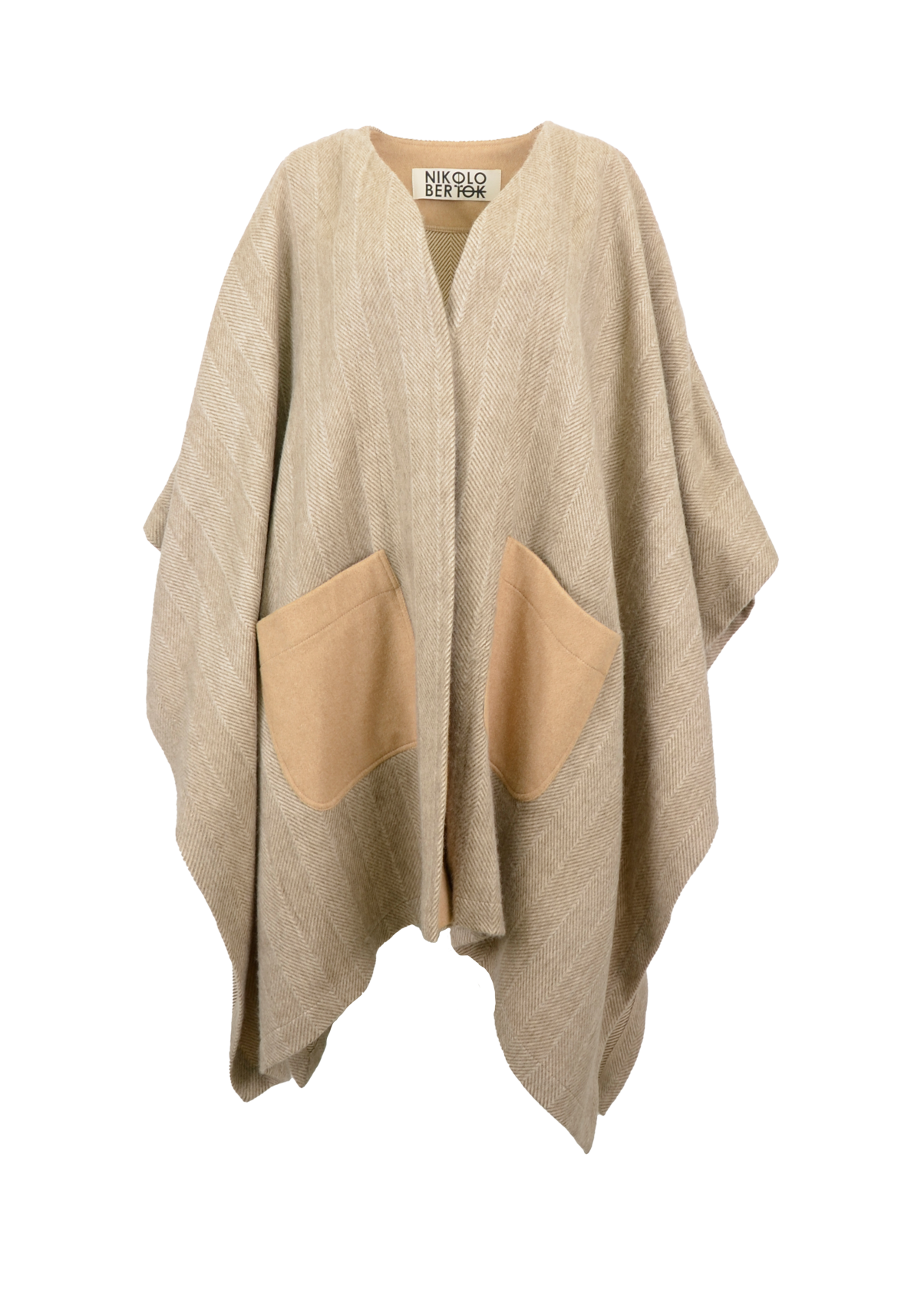 Contrast Cashmere Poncho Overcoat – Herringbone Beige Latte